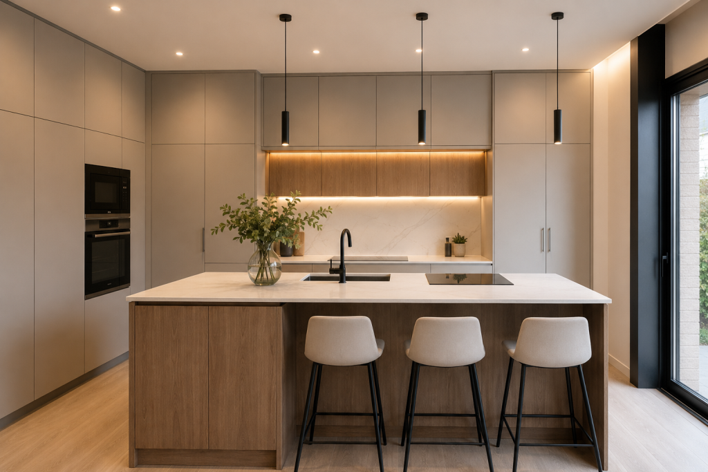 Cocina moderna con isla central, muebles en acabado beige y madera, encimera porcelánica e iluminación LED en reforma realizada en Valencia.