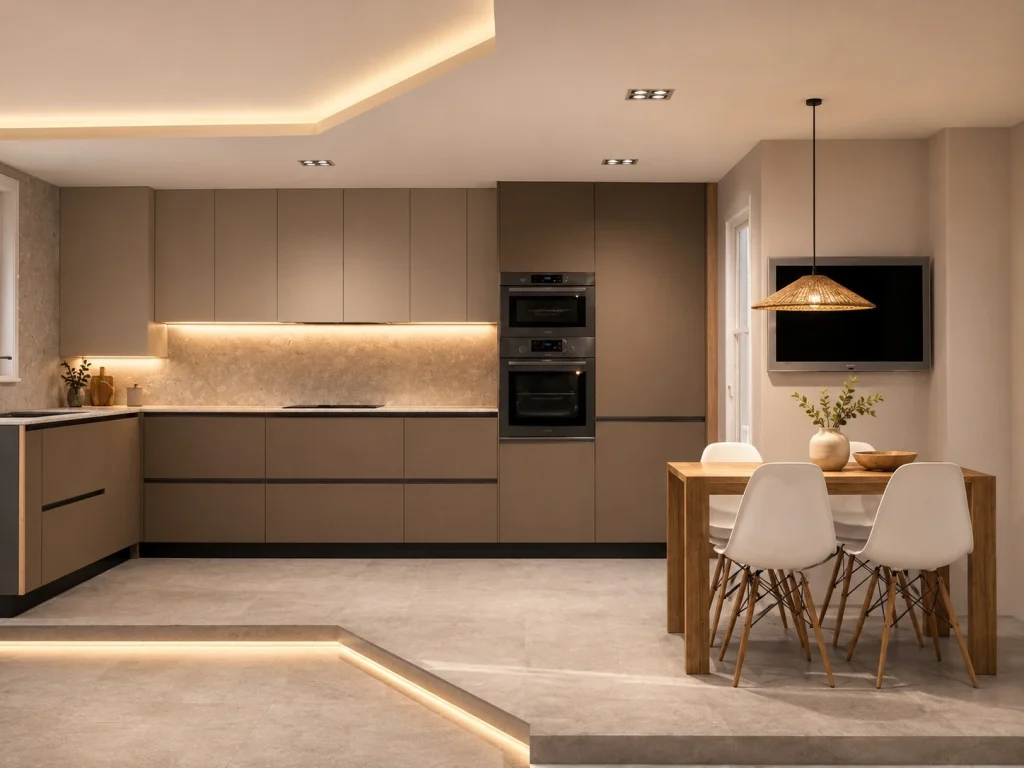 Cocina moderna color cashmere con iluminación LED integrada y reforma integral realizada en Valencia.