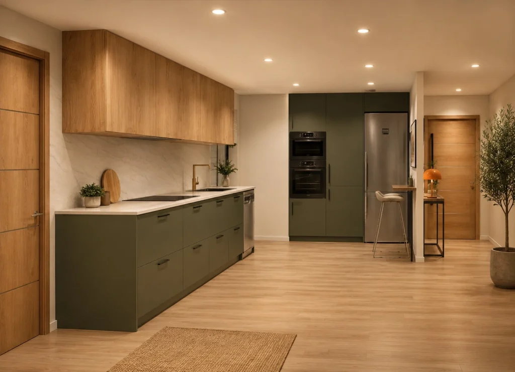 Cocina moderna verde oliva con muebles a medida y encimera porcelánica en reforma realizada en Valencia.