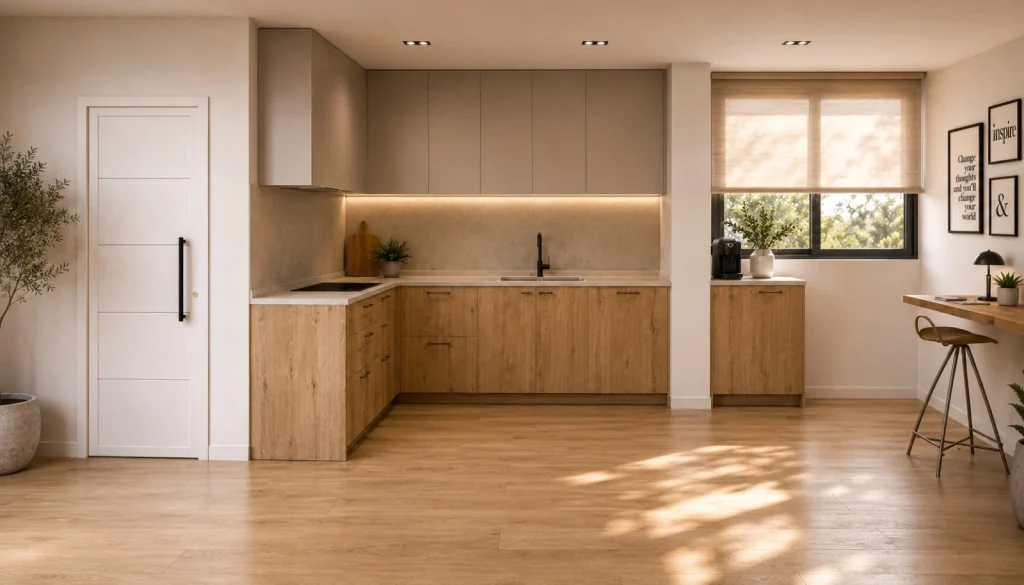 Cocina en L con muebles efecto madera y encimera clara tras una reforma integral en Valencia.