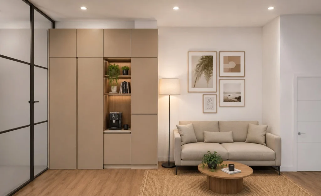 Mueble a medida integrado con cocina moderna en vivienda reformada en Valencia por Love Kitchen.